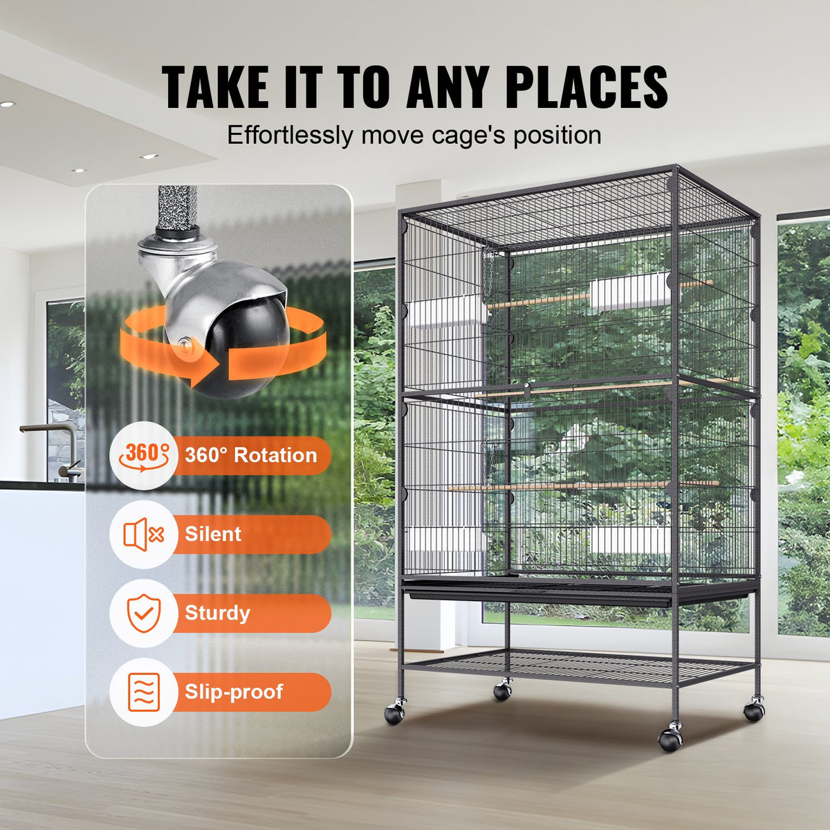 VEVOR Large Standing Bird Cage with Wheels and Tray for Parrots and Macaws, Carbon Steel, 132 cm