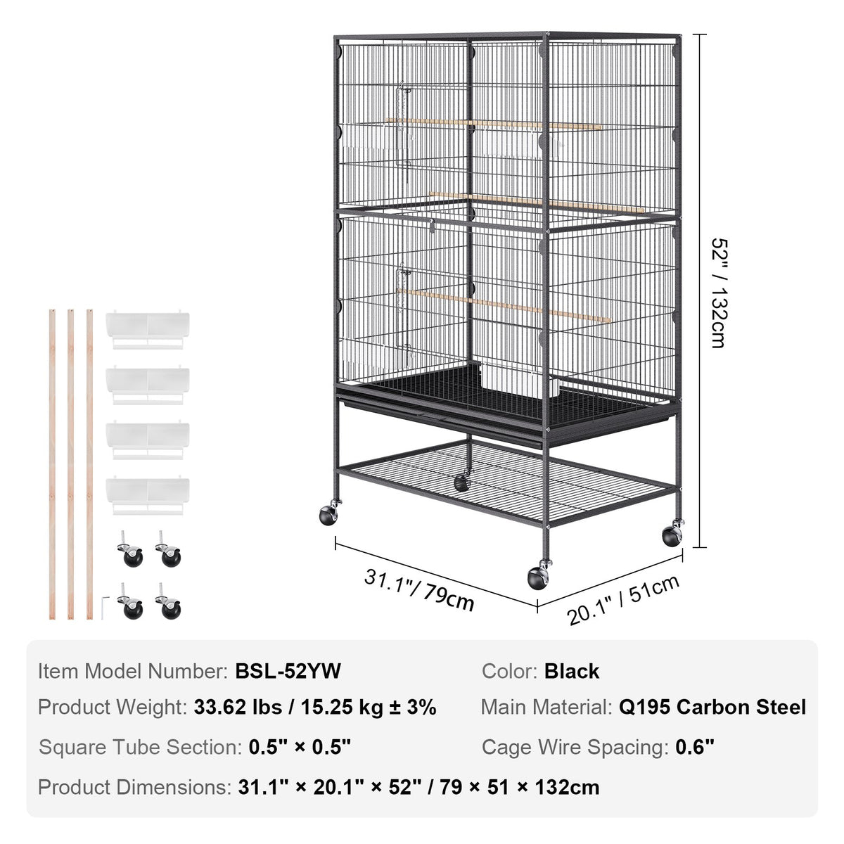 VEVOR Large Standing Bird Cage with Wheels and Tray for Parrots and Macaws, Carbon Steel, 132 cm