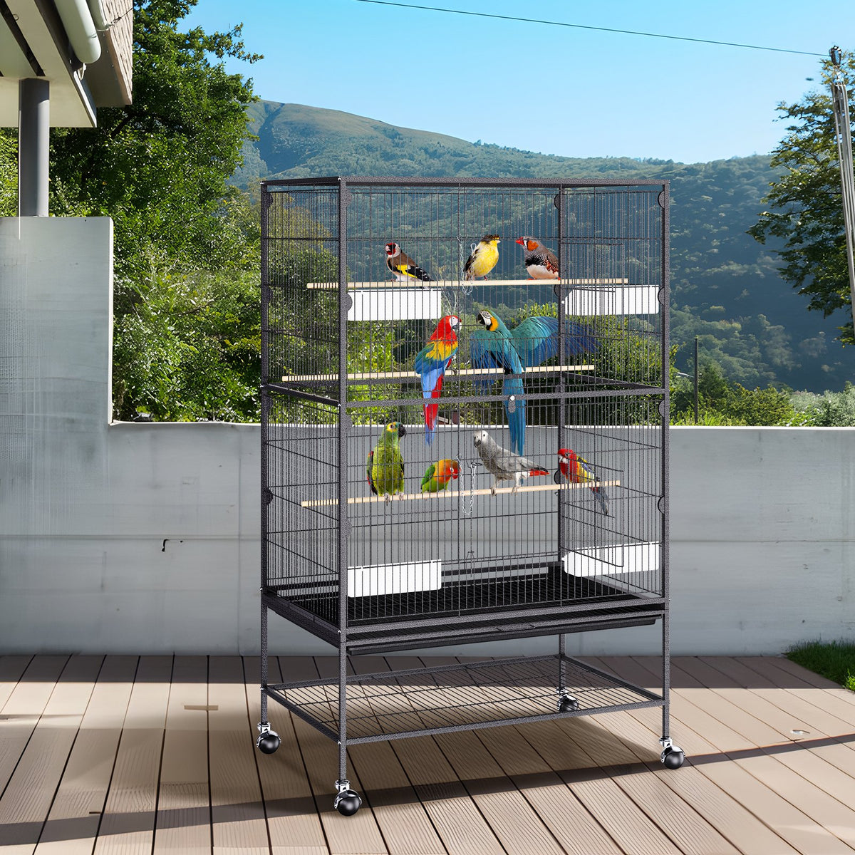 VEVOR Large Standing Bird Cage with Wheels and Tray for Parrots and Macaws, Carbon Steel, 132 cm