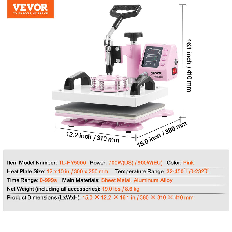 VEVOR termoprese 30x25 cm, siltuma pārneses iekārta T-kreklu presēšanai, rozā