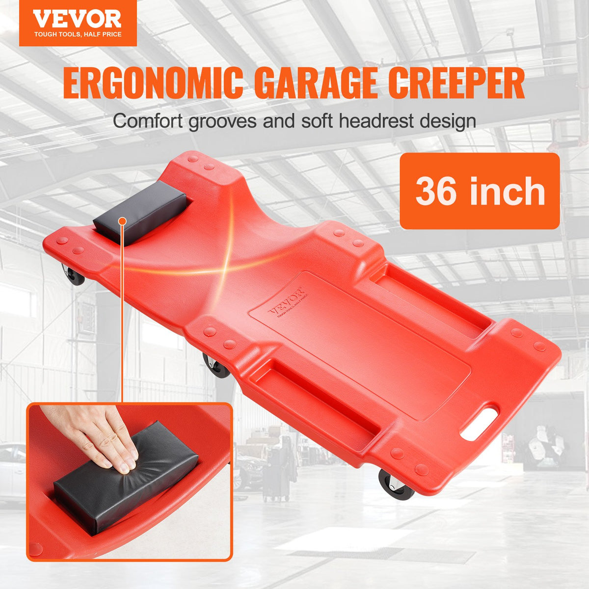 VEVOR 91 cm Mehāniķa Plastmasas Rāpojamais Ratiņkrēsls Auto Remontam, Ripojošs Garāžas Modelis, 159 kg Slodze, HDPE Materiāls
