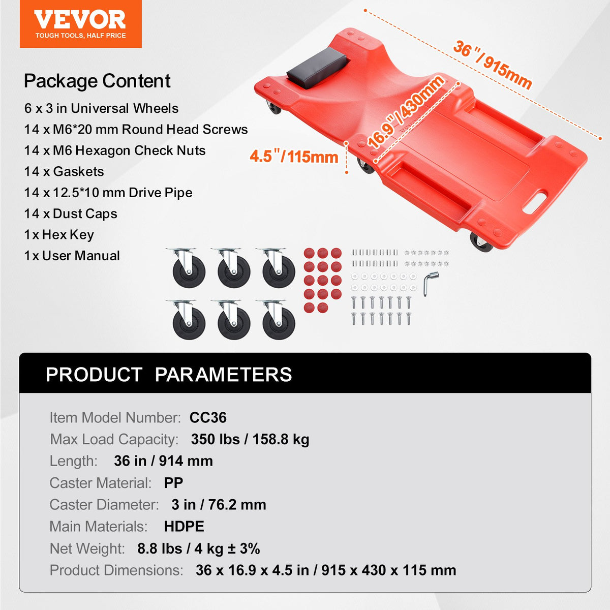 VEVOR 91 cm Mehāniķa Plastmasas Rāpojamais Ratiņkrēsls Auto Remontam, Ripojošs Garāžas Modelis, 159 kg Slodze, HDPE Materiāls