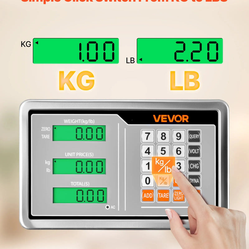 VEVOR digitālā platformas svari ar skaitļošanas funkciju, 300 kg maksimālā slodze, 50 g precizitāte, elektroniskie grīdas svari ar LB/KG, Tare, cenu kalkulatoru, AC/DC barošanu, piemēroti bagāžai, sūtījumiem un pasta pakām