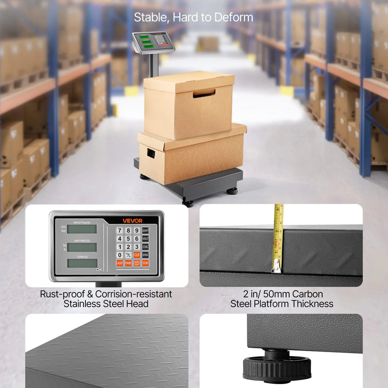 VEVOR digitālā platformas svari ar skaitļošanas funkciju, 300 kg maksimālā slodze, 50 g precizitāte, elektroniskie grīdas svari ar LB/KG, Tare, cenu kalkulatoru, AC/DC barošanu, piemēroti bagāžai, sūtījumiem un pasta pakām