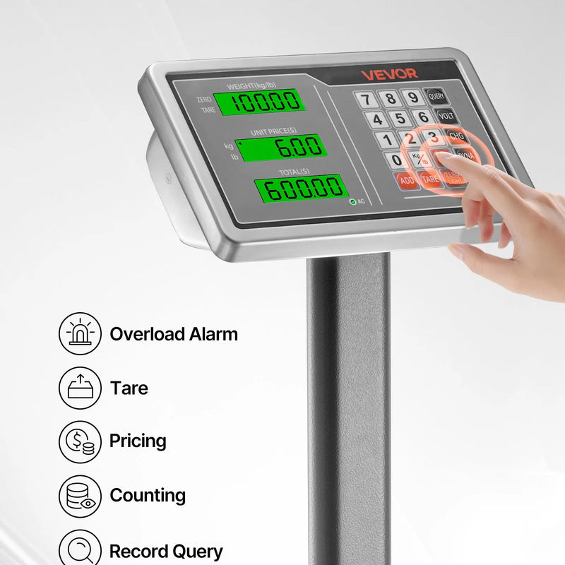 VEVOR digitālā platformas svari ar skaitļošanas funkciju, 300 kg maksimālā slodze, 50 g precizitāte, elektroniskie grīdas svari ar LB/KG, Tare, cenu kalkulatoru, AC/DC barošanu, piemēroti bagāžai, sūtījumiem un pasta pakām