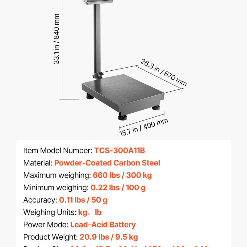 VEVOR digitālā platformas svari ar skaitļošanas funkciju, 300 kg maksimālā slodze, 50 g precizitāte, elektroniskie grīdas svari ar LB/KG, Tare, cenu kalkulatoru, AC/DC barošanu, piemēroti bagāžai, sūtījumiem un pasta pakām