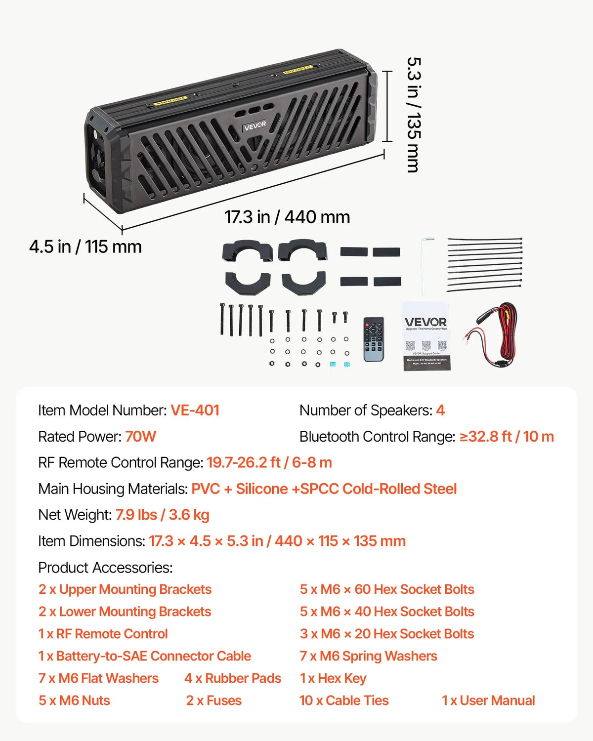 VEVOR 440 mm UTV skaņas josla ar 4 skaļruņiem, Bluetooth, RGB un IP65
