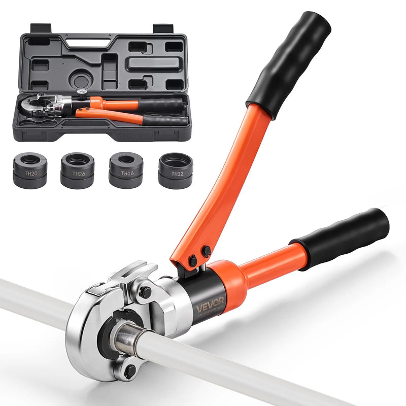 VEVOR hidrauliskais cauruļu presēšanas instruments PEX un alumīnija–plastmasas caurulēm, presētājs ar TH16, TH20, TH26 un TH32 spīlēm, komplektā pārnēsāšanas koferis, paredzēts santehnikas remontam un uzstādīšanai