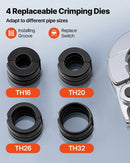 VEVOR hidrauliskais cauruļu presēšanas instruments PEX un alumīnija–plastmasas caurulēm, presētājs ar TH16, TH20, TH26 un TH32 spīlēm, komplektā pārnēsāšanas koferis, paredzēts santehnikas remontam un uzstādīšanai