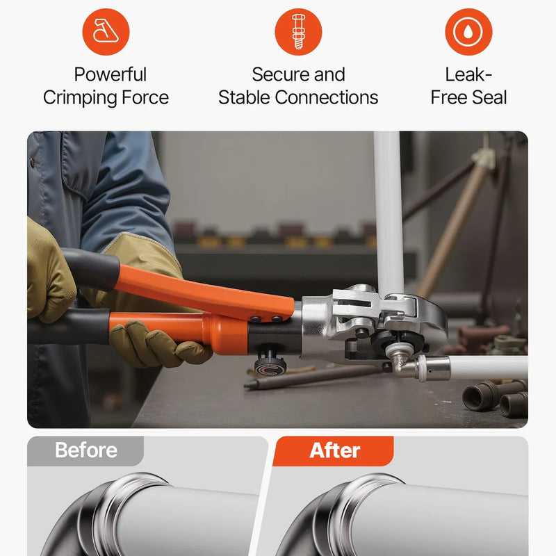 VEVOR hidrauliskais cauruļu presēšanas instruments PEX un alumīnija–plastmasas caurulēm, presētājs ar TH16, TH20, TH26 un TH32 spīlēm, komplektā pārnēsāšanas koferis, paredzēts santehnikas remontam un uzstādīšanai