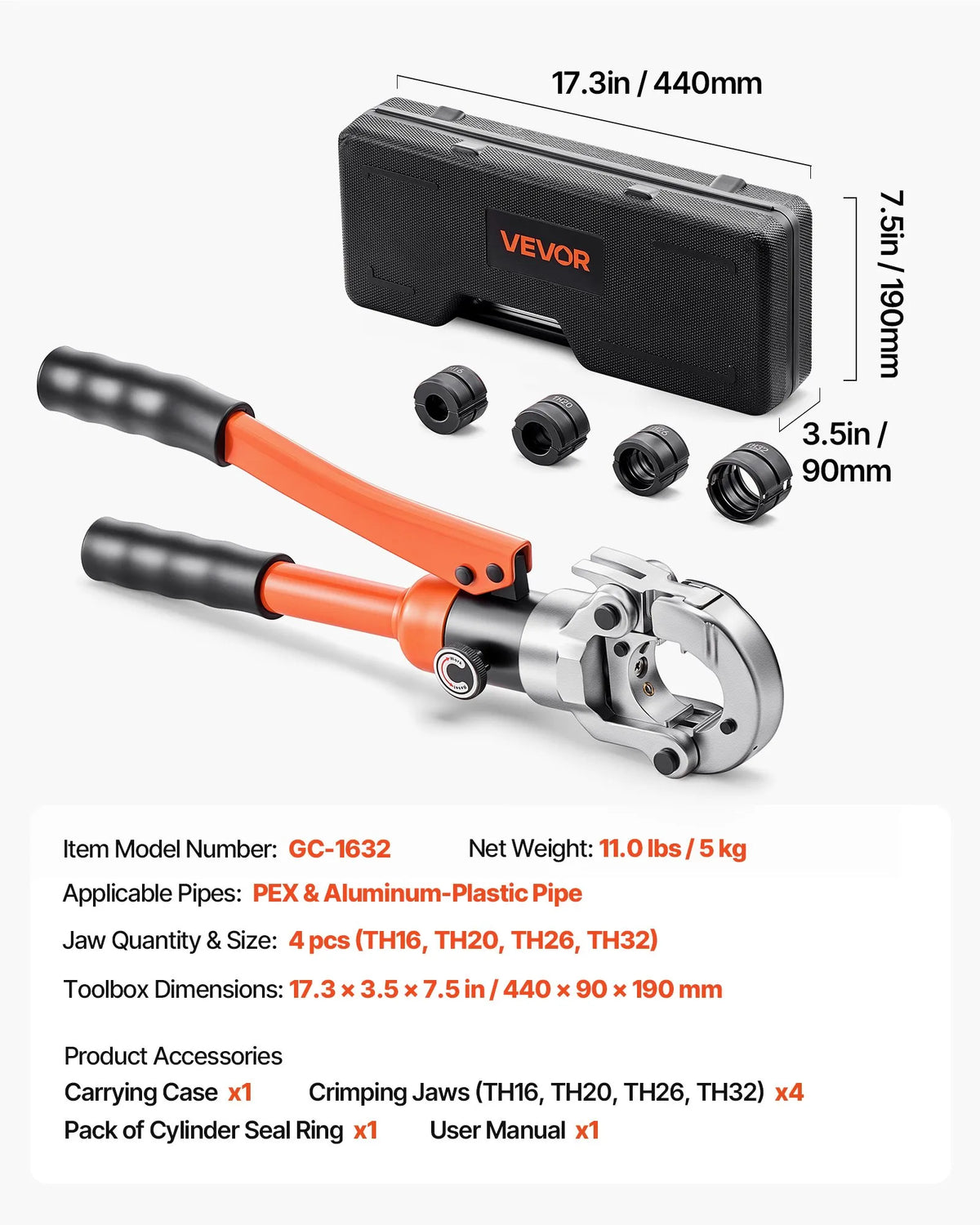 VEVOR Hydraulic Pipe Pressing Tool for PEX and Aluminium-Plastic Pipes, Presser with TH16, TH20, TH26 and TH32 Jaws, Includes Carrying Case, for Plumbing Repair and Installation