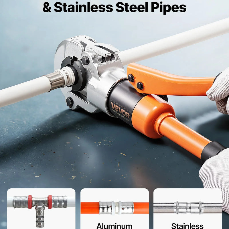 VEVOR hidrauliskais cauruļu presēšanas instruments, daudzfunkcionāls presētājs cauruļu veidgabaliem ar TH16, TH20, TH26, TH32 spīlēm PEX un alumīnija–plastmasas caurulēm, kā arī V12, V15, V18, V22, V28 spīlēm nerūsējošā tērauda caurulēm