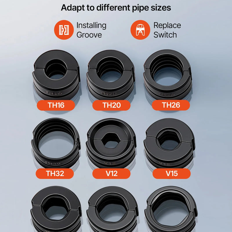 VEVOR hidrauliskais cauruļu presēšanas instruments, daudzfunkcionāls presētājs cauruļu veidgabaliem ar TH16, TH20, TH26, TH32 spīlēm PEX un alumīnija–plastmasas caurulēm, kā arī V12, V15, V18, V22, V28 spīlēm nerūsējošā tērauda caurulēm
