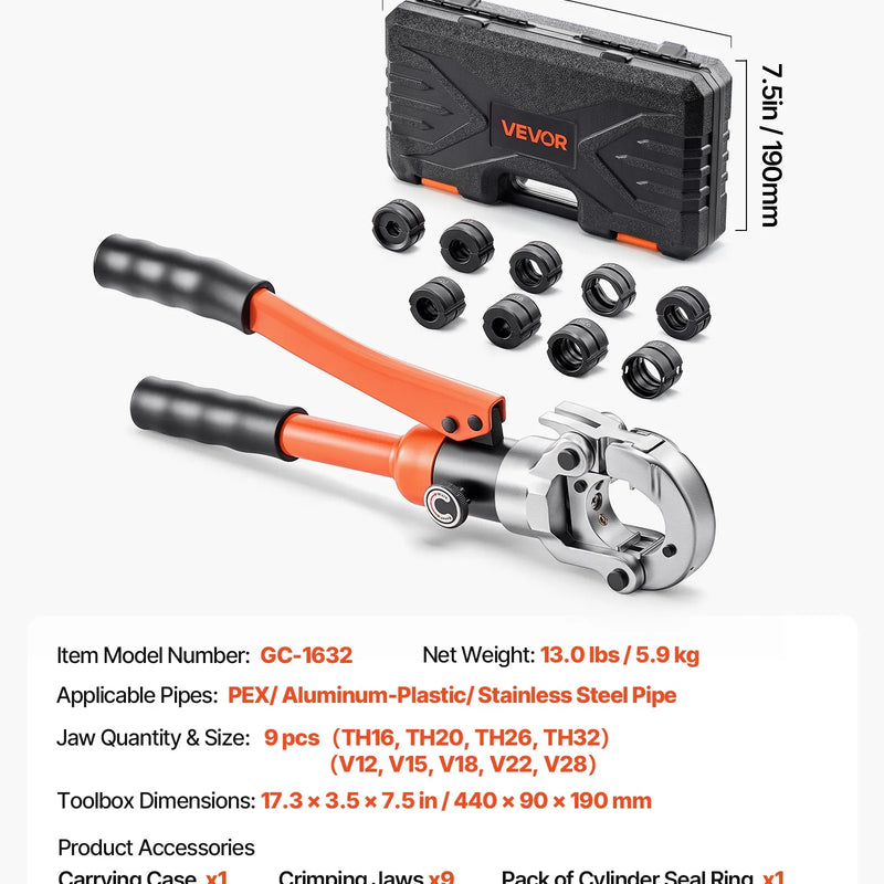 VEVOR hidrauliskais cauruļu presēšanas instruments, daudzfunkcionāls presētājs cauruļu veidgabaliem ar TH16, TH20, TH26, TH32 spīlēm PEX un alumīnija–plastmasas caurulēm, kā arī V12, V15, V18, V22, V28 spīlēm nerūsējošā tērauda caurulēm