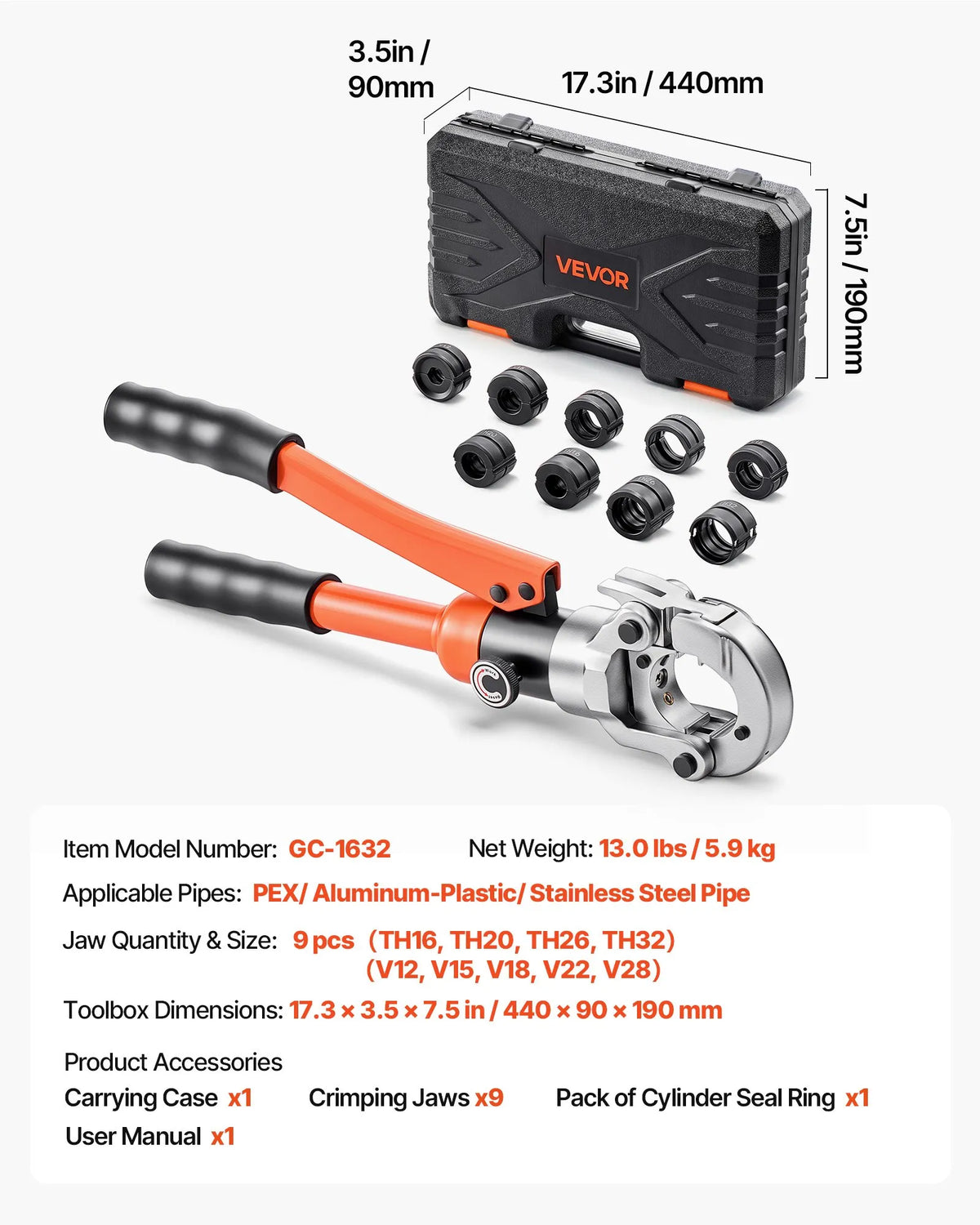 VEVOR Hydraulic Pipe Pressing Tool, Multifunctional Pipe Crimper with TH16, TH20, TH26, TH32 Jaws for PEX and Aluminium-Plastic Pipes, and V12, V15, V18, V22, V28 Jaws for Stainless Steel Pipes