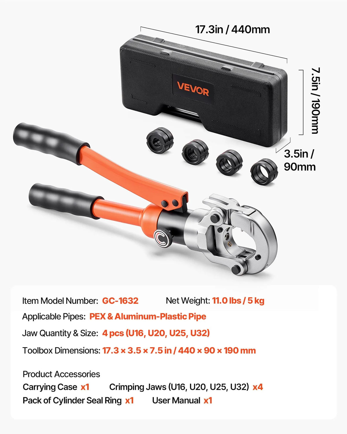 VEVOR Hydraulic Pipe Pressing Tool for PEX and Aluminium-Plastic Pipes, Pressing Jaws 16/20/25/32 mm, with Carrying Case, for Plumbing Installation and Repair