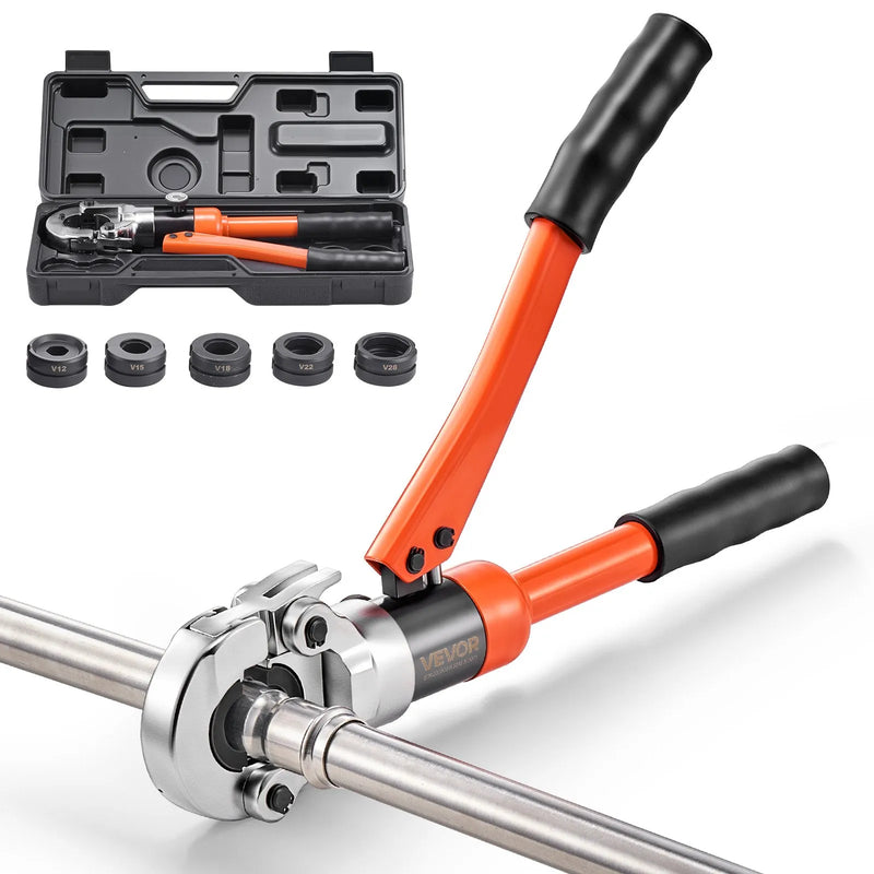 VEVOR hidrauliskais cauruļu presēšanas instruments nerūsējošā tērauda cauruļu veidgabaliem, presēšanas žokļi V12/V15/V18/V22/V28, ar pārnēsāšanas koferi, santehnikas montāžai un remontam