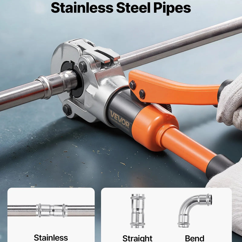 VEVOR hidrauliskais cauruļu presēšanas instruments nerūsējošā tērauda cauruļu veidgabaliem, presēšanas žokļi V12/V15/V18/V22/V28, ar pārnēsāšanas koferi, santehnikas montāžai un remontam