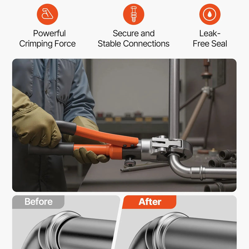 VEVOR hidrauliskais cauruļu presēšanas instruments nerūsējošā tērauda cauruļu veidgabaliem, presēšanas žokļi V12/V15/V18/V22/V28, ar pārnēsāšanas koferi, santehnikas montāžai un remontam