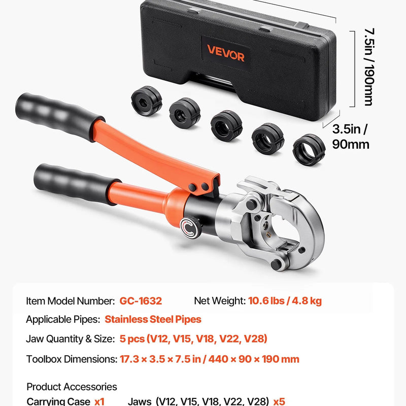 VEVOR hidrauliskais cauruļu presēšanas instruments nerūsējošā tērauda cauruļu veidgabaliem, presēšanas žokļi V12/V15/V18/V22/V28, ar pārnēsāšanas koferi, santehnikas montāžai un remontam