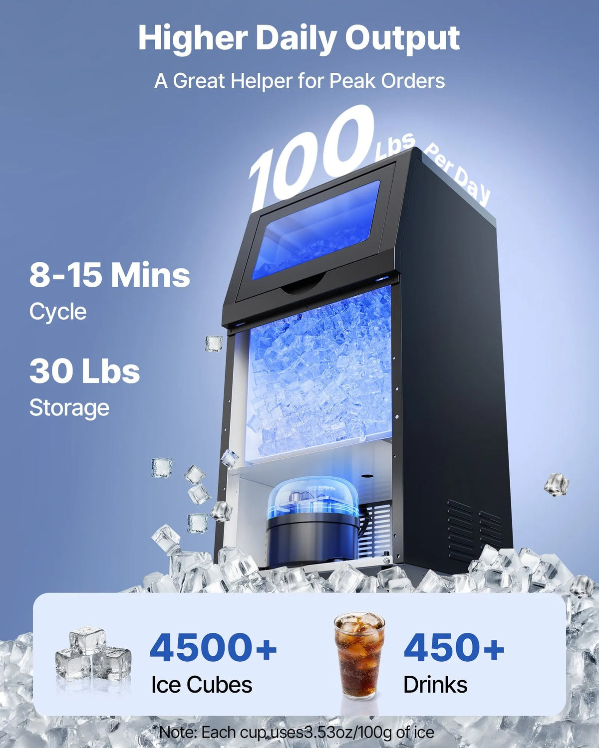 VEVOR komerciālais ledus ģenerators 45 kg/24 h ar 14 kg uzglabāšanas ietilpību, iebūvējams vai brīvi stāvošs, no nerūsējošā tērauda ar LED displeju un pašattīrīšanos, piemērots mājai, bāram un restorānam - ZEMLETES.LV