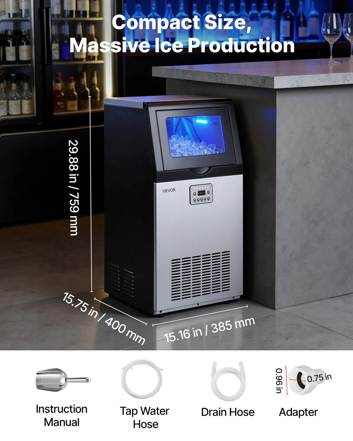 VEVOR komerciālais ledus ģenerators 45 kg/24 h ar 14 kg uzglabāšanas ietilpību, iebūvējams vai brīvi stāvošs, no nerūsējošā tērauda ar LED displeju un pašattīrīšanos, piemērots mājai, bāram un restorānam - ZEMLETES.LV