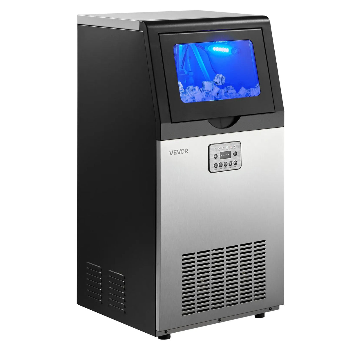VEVOR komerciālais ledus ģenerators 45 kg/24 h ar 14 kg uzglabāšanas ietilpību, iebūvējams vai brīvi stāvošs, no nerūsējošā tērauda ar LED displeju un pašattīrīšanos, piemērots mājai, bāram un restorānam - ZEMLETES.LV
