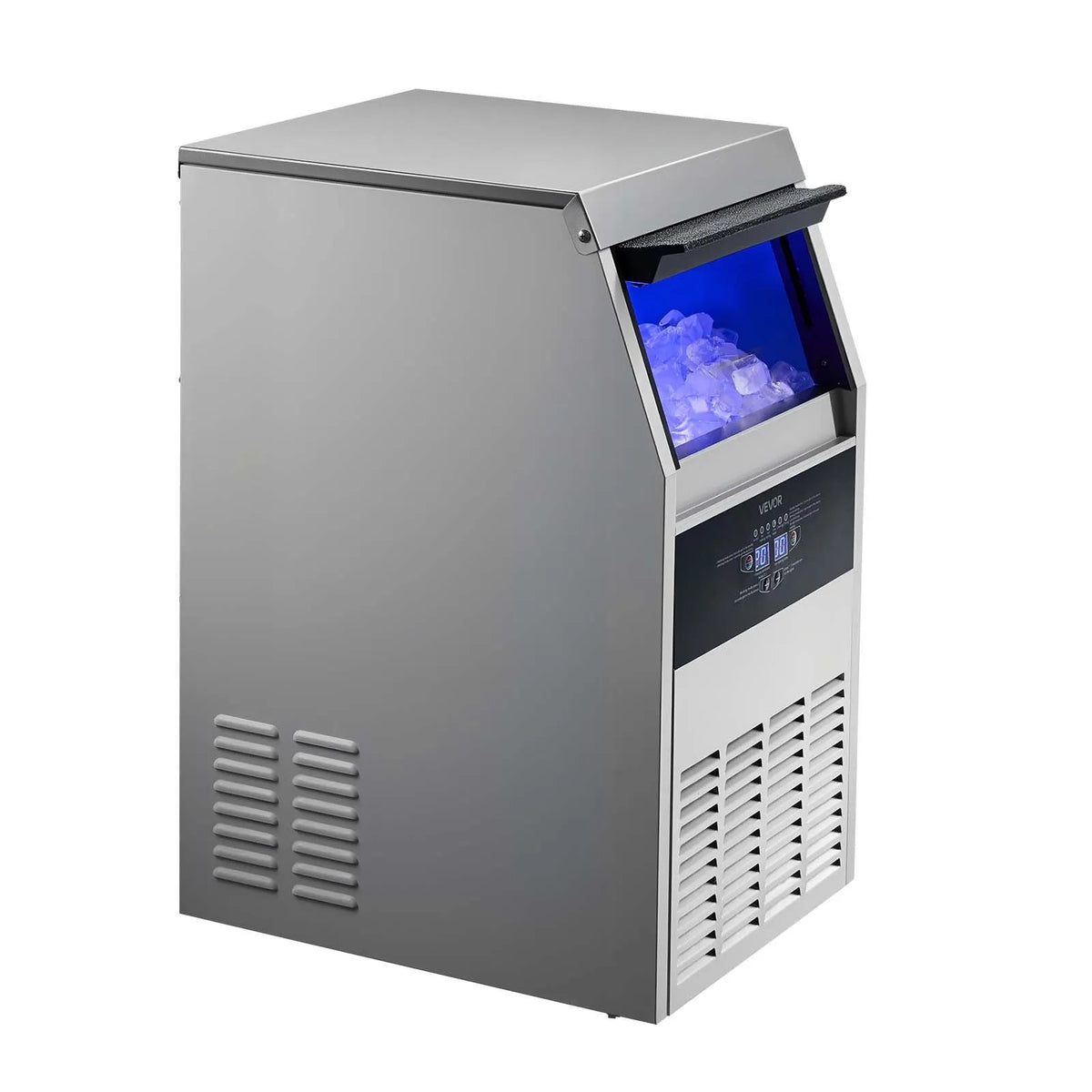 VEVOR komerciālais ledus ģenerators 59 kg/24 h ar 14 kg uzglabāšanas ietilpību, iebūvējams vai brīvi stāvošs, no nerūsējošā tērauda ar LED displeju un pašattīrīšanos, piemērots mājai, bāram un restorānam - ZEMLETES.LV