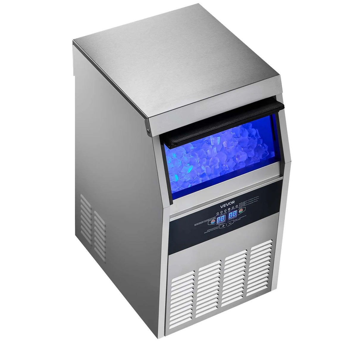 VEVOR komerciālais ledus ģenerators 59 kg/24 h ar 14 kg uzglabāšanas ietilpību, iebūvējams vai brīvi stāvošs, no nerūsējošā tērauda ar LED displeju un pašattīrīšanos, piemērots mājai, bāram un restorānam - ZEMLETES.LV