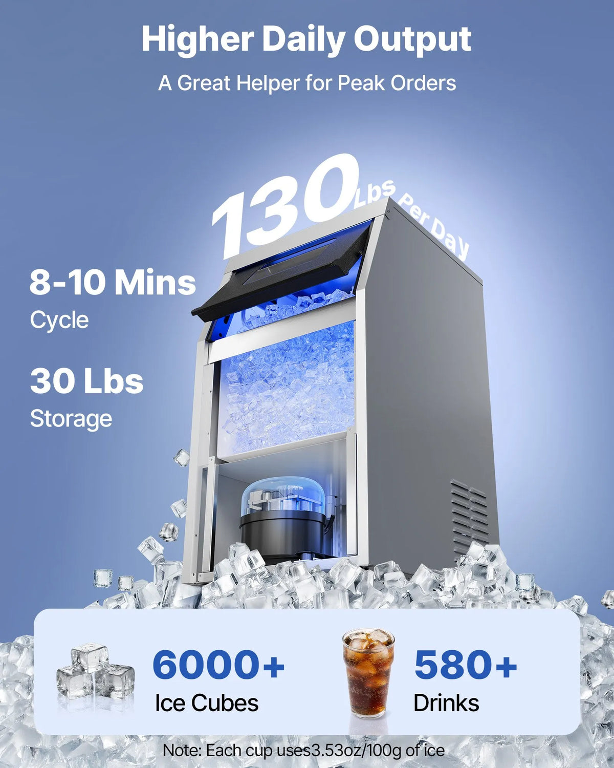 VEVOR komerciālais ledus ģenerators 59 kg/24 h ar 14 kg uzglabāšanas ietilpību, iebūvējams vai brīvi stāvošs, no nerūsējošā tērauda ar LED displeju un pašattīrīšanos, piemērots mājai, bāram un restorānam - ZEMLETES.LV
