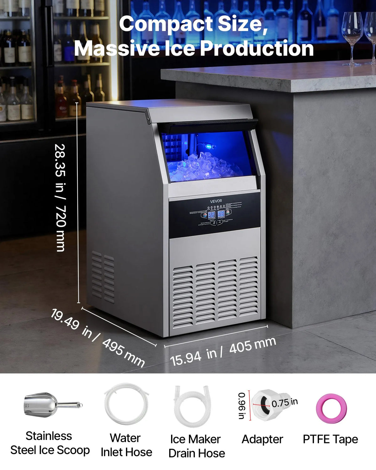 VEVOR komerciālais ledus ģenerators 59 kg/24 h ar 14 kg uzglabāšanas ietilpību, iebūvējams vai brīvi stāvošs, no nerūsējošā tērauda ar LED displeju un pašattīrīšanos, piemērots mājai, bāram un restorānam - ZEMLETES.LV