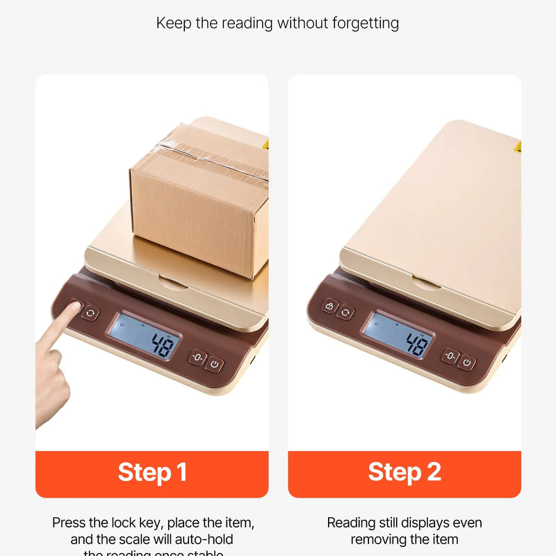 VEVOR digitālās sūtījumu un pasta svari 40 kg ar 2 g precizitāti, Hold/Tare/Auto-off funkcijām, nolokāmu turētāju un vienkāršu kalibrēšanu, piemēroti mājai un birojam, komplektā baterija
