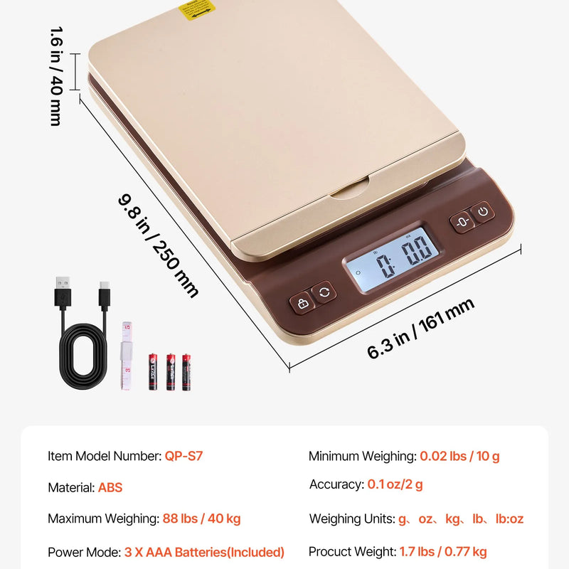 VEVOR digitālās sūtījumu un pasta svari 40 kg ar 2 g precizitāti, Hold/Tare/Auto-off funkcijām, nolokāmu turētāju un vienkāršu kalibrēšanu, piemēroti mājai un birojam, komplektā baterija
