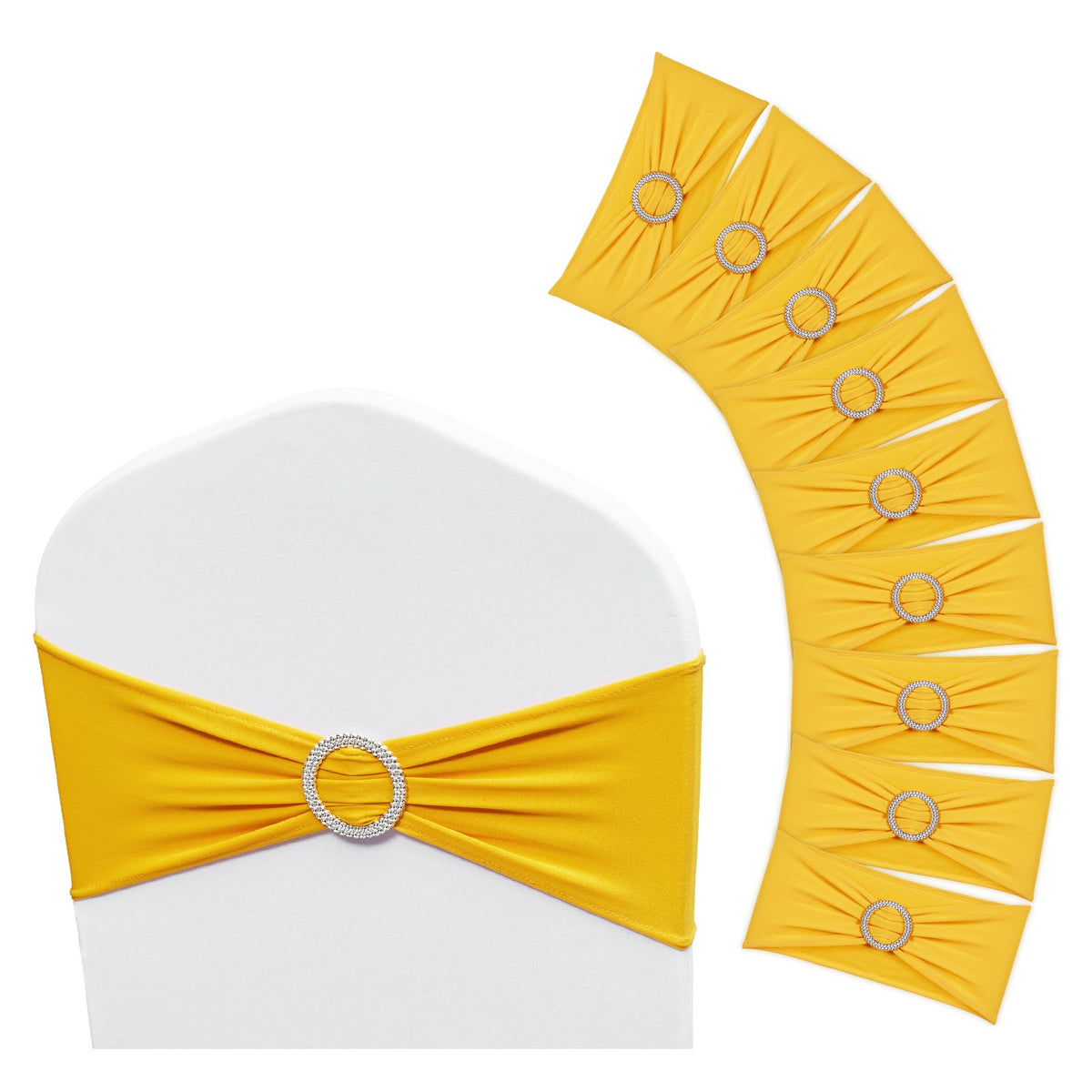 VEVOR 100 Pieces Gold Yellow Elastic Chair Sashes with Round Buckle, Suitable for Weddings, Celebrations and Banquets