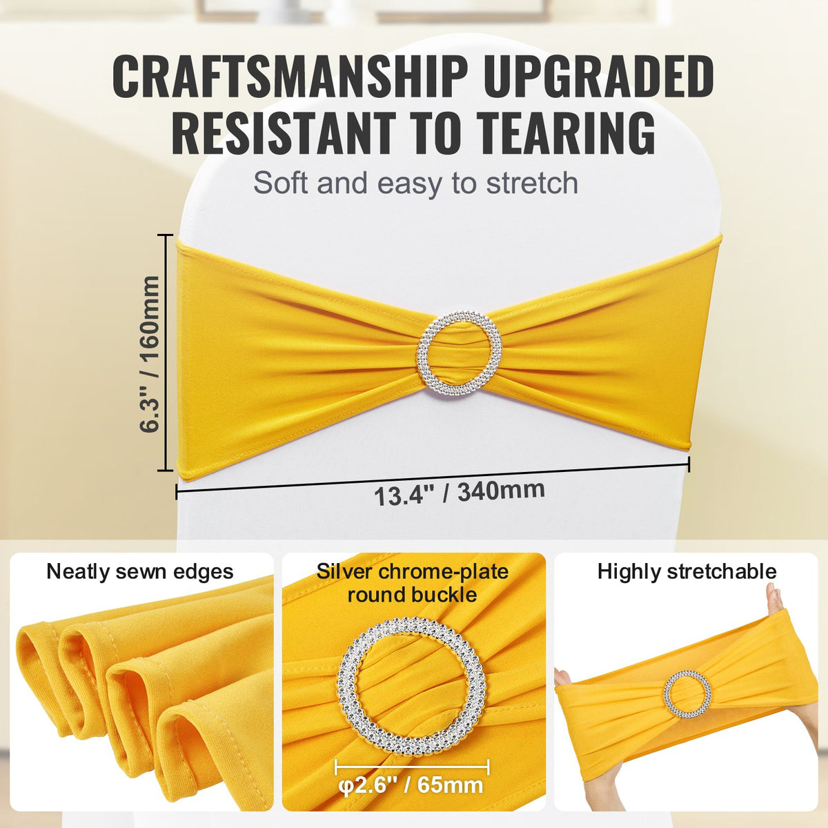VEVOR 100 Pieces Gold Yellow Elastic Chair Sashes with Round Buckle, Suitable for Weddings, Celebrations and Banquets
