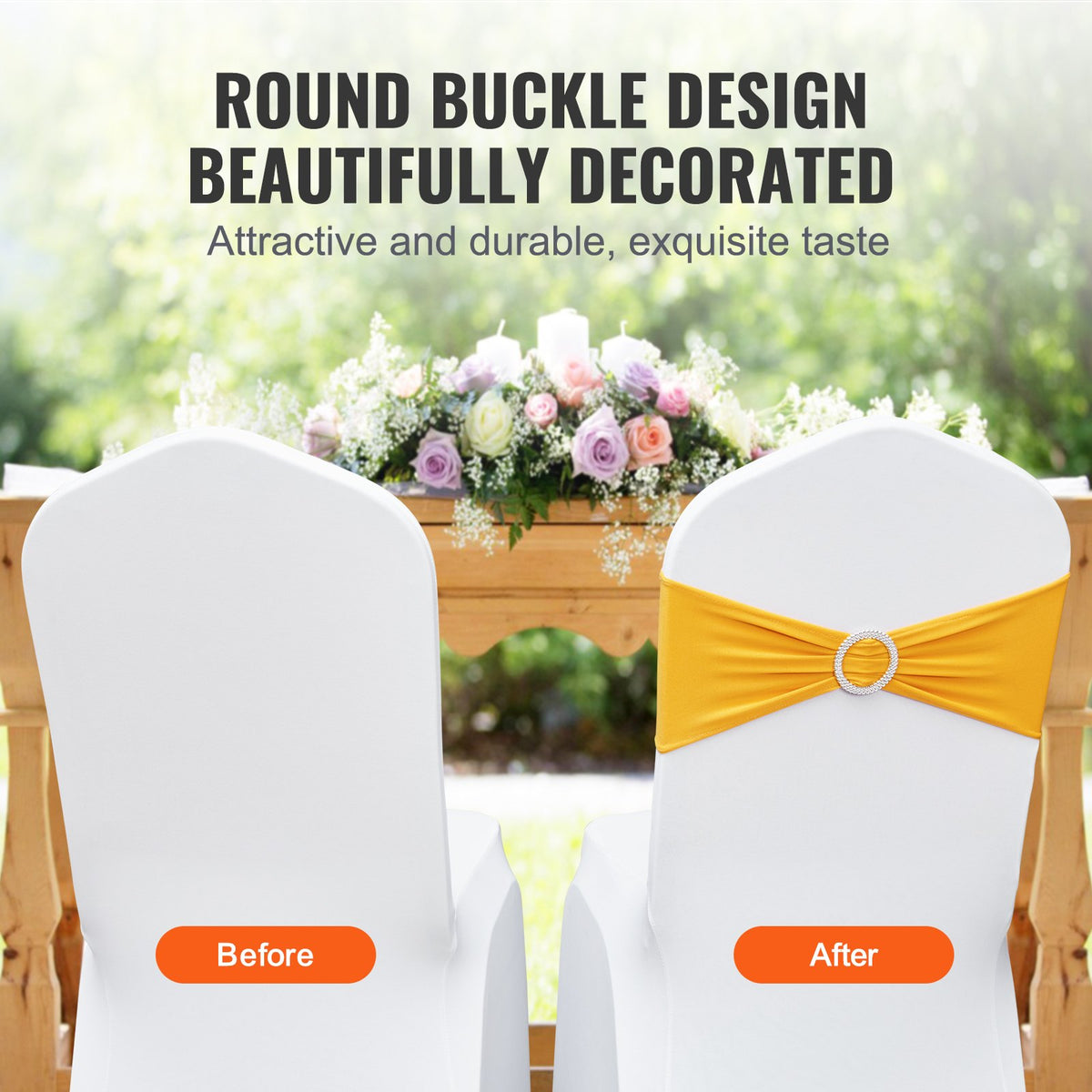 VEVOR 100 Pieces Gold Yellow Elastic Chair Sashes with Round Buckle, Suitable for Weddings, Celebrations and Banquets