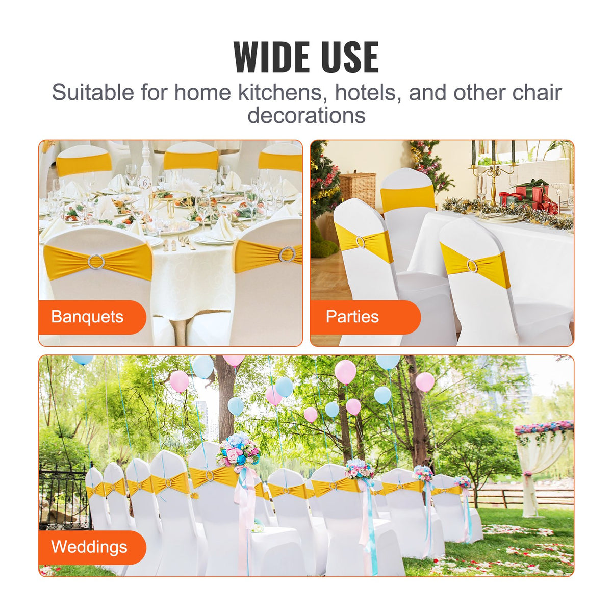 VEVOR 100 Pieces Gold Yellow Elastic Chair Sashes with Round Buckle, Suitable for Weddings, Celebrations and Banquets