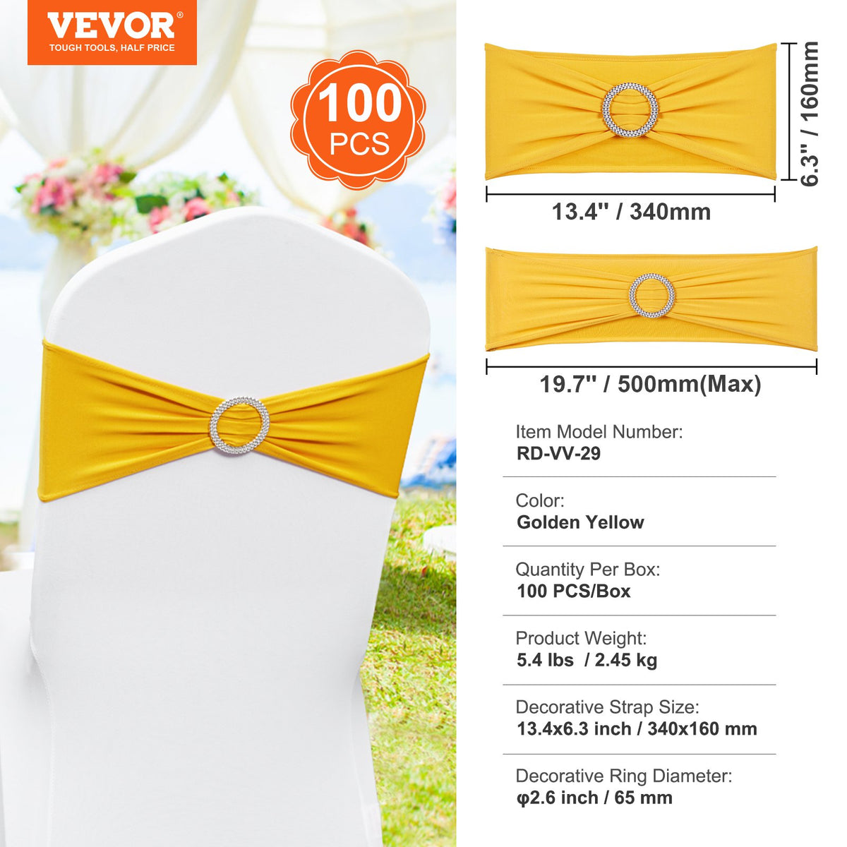 VEVOR 100 Pieces Gold Yellow Elastic Chair Sashes with Round Buckle, Suitable for Weddings, Celebrations and Banquets