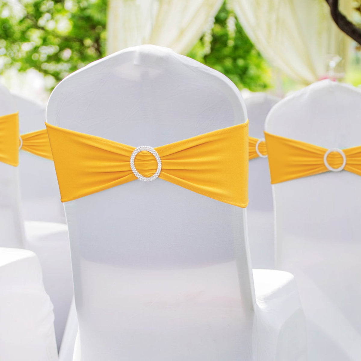 VEVOR 100 Pieces Gold Yellow Elastic Chair Sashes with Round Buckle, Suitable for Weddings, Celebrations and Banquets