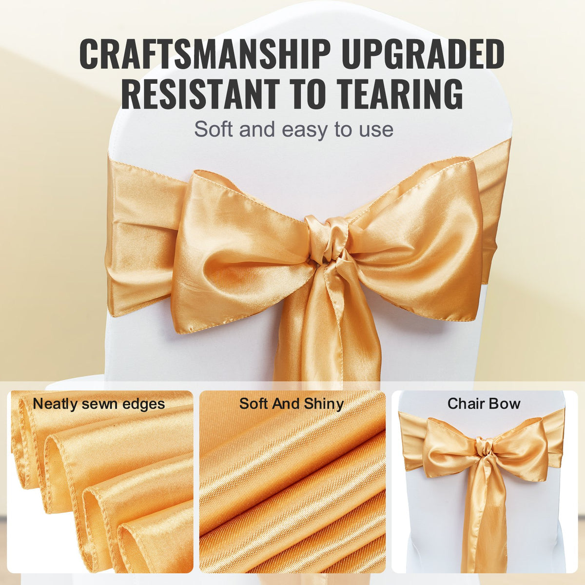 VEVOR 50 Pcs Gold Stretch Spandex Chair Sashes Bows, Elastic Decorations for Weddings and Events