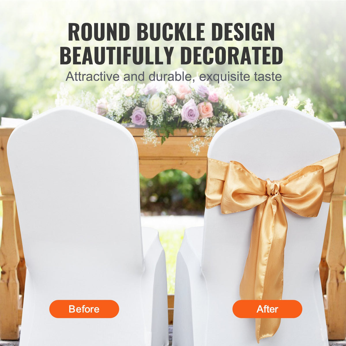 VEVOR 50 Pcs Gold Stretch Spandex Chair Sashes Bows, Elastic Decorations for Weddings and Events