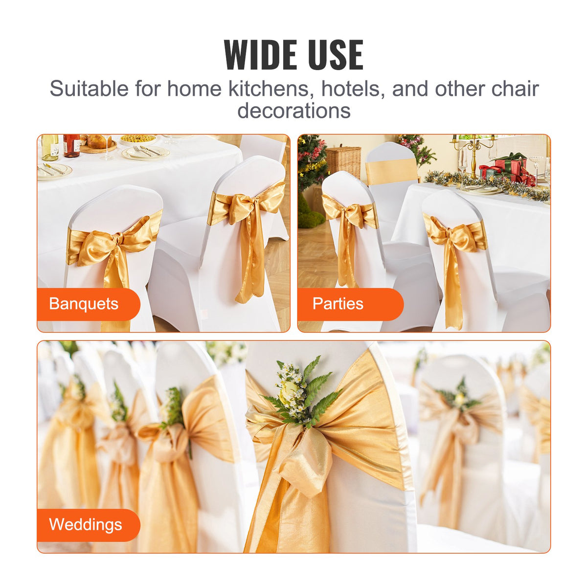 VEVOR 50 Pcs Gold Stretch Spandex Chair Sashes Bows, Elastic Decorations for Weddings and Events
