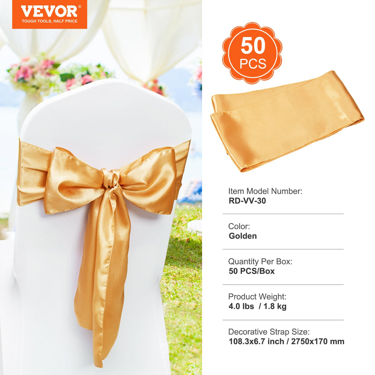 VEVOR 50 Pcs Gold Stretch Spandex Chair Sashes Bows, Elastic Decorations for Weddings and Events