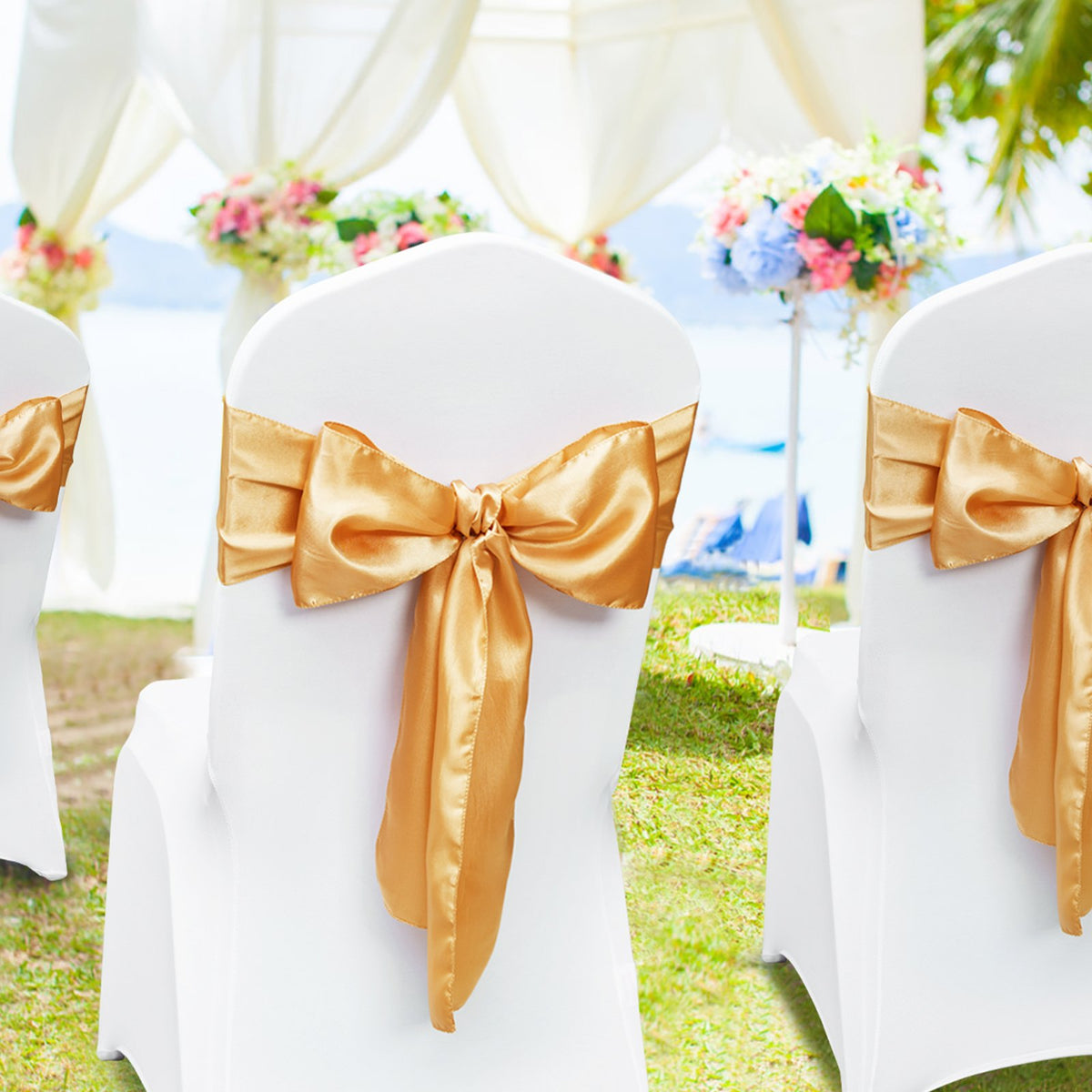 VEVOR 50 Pcs Gold Stretch Spandex Chair Sashes Bows, Elastic Decorations for Weddings and Events