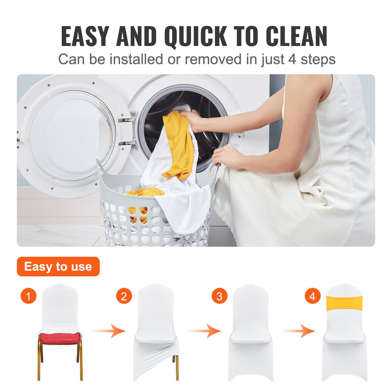 VEVOR piedāvā 50 komplektus stiepļu spandeksa salokāmo krēslu pārklāju ar krēslu lentēm, kas ir noņemami un mazgājami. Šie aizsargpārklāji ir ideāli piemēroti kāzām, svētkiem, banketiem, ballītēm un ēdamzālēm.