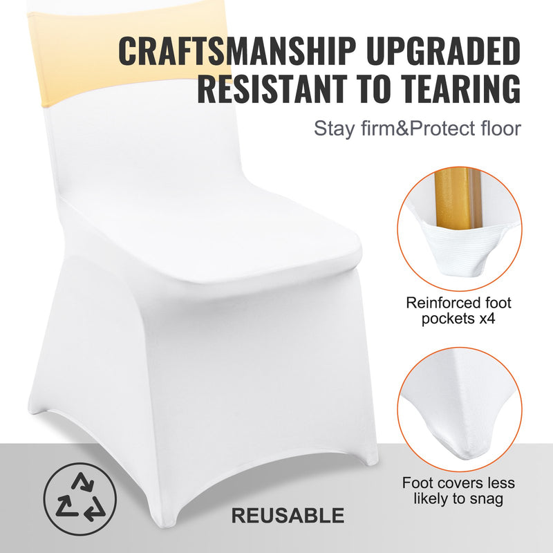 VEVOR piedāvā 50 komplektus stiepļu spandeksa salokāmo krēslu pārklāju ar krēslu lentēm, kas ir noņemami un mazgājami. Šie aizsargpārklāji ir ideāli piemēroti kāzām, svētkiem, banketiem, ballītēm un ēdamzālēm.
