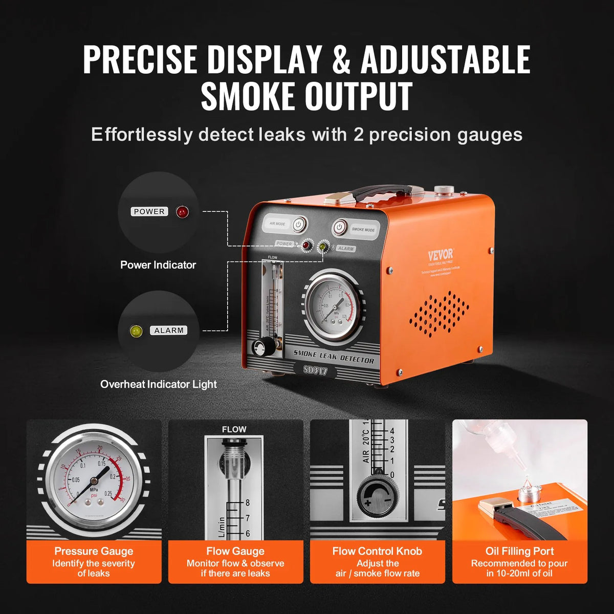 VEVOR Automotive Smoke Leak Detector with Built-in Air Pump, Pressure Gauge and Flow Meter, Dual-Mode EVAP Diagnostic Test Equipment for Vacuum, Fuel and Pipe System Inspection