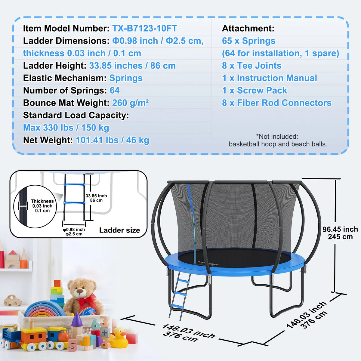 VEVOR Outdoor Trampoline with Safety Net, 305 cm