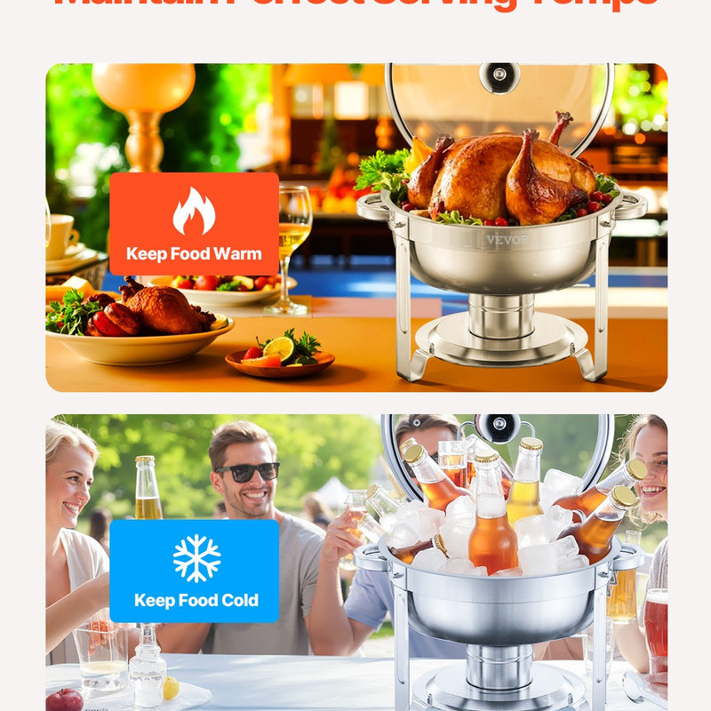 VEVOR 4,7L 2 gab. apaļo bufetes ēdienu sildītāju komplekts, pilna izmēra panna, nerūsējošais tērauds