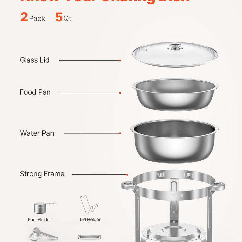 VEVOR 4,7L 2 gab. apaļo bufetes ēdienu sildītāju komplekts, pilna izmēra panna, nerūsējošais tērauds